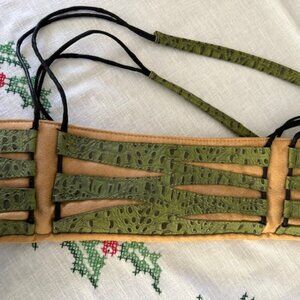 Clutch Purse Green Faux Croc Design/Beige Suede